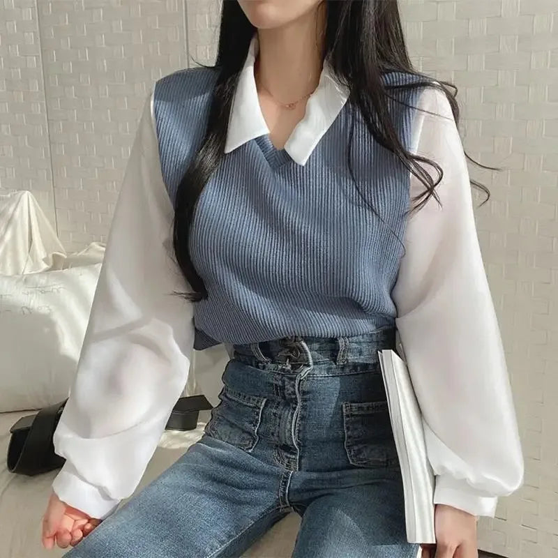 Women’s Korean Style Polo Collar Blouse – Elegant Patchwork Design