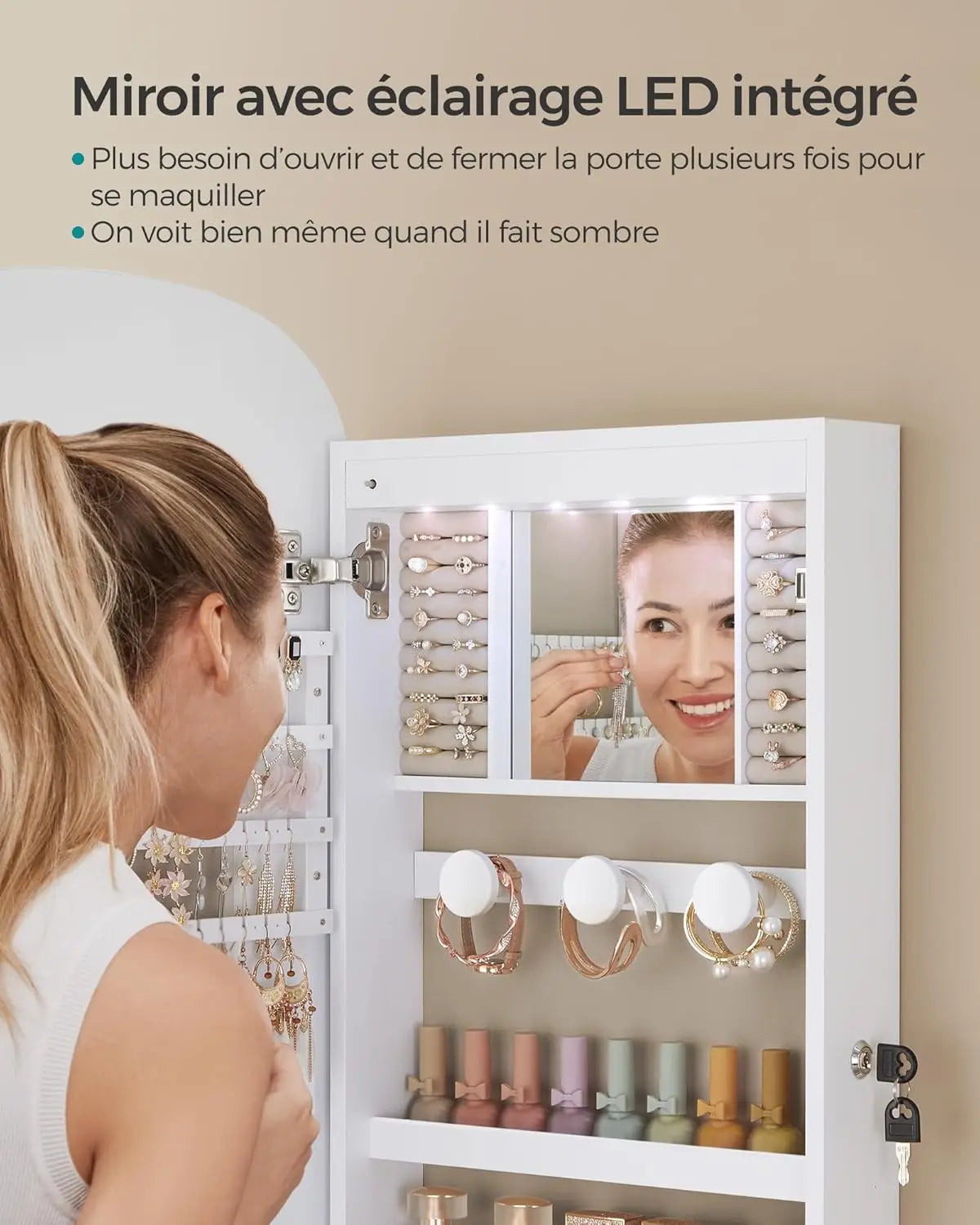 LED Jewelry Cabinet with Wall Mirror and Lock