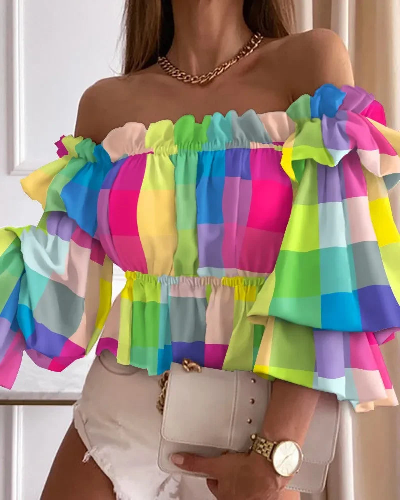 Spring Summer Women's Fashion Leisure Shirt Print Stacked Sleeve Middle Sleeve Shirt One Line Neck Off Shoulder Pleated Shirt