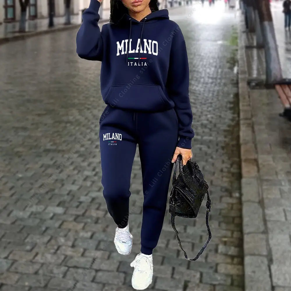 Autumn/Winter 2025 Women’s 2-Piece Hoodie &amp; Pants Set – MILANO Letter Print