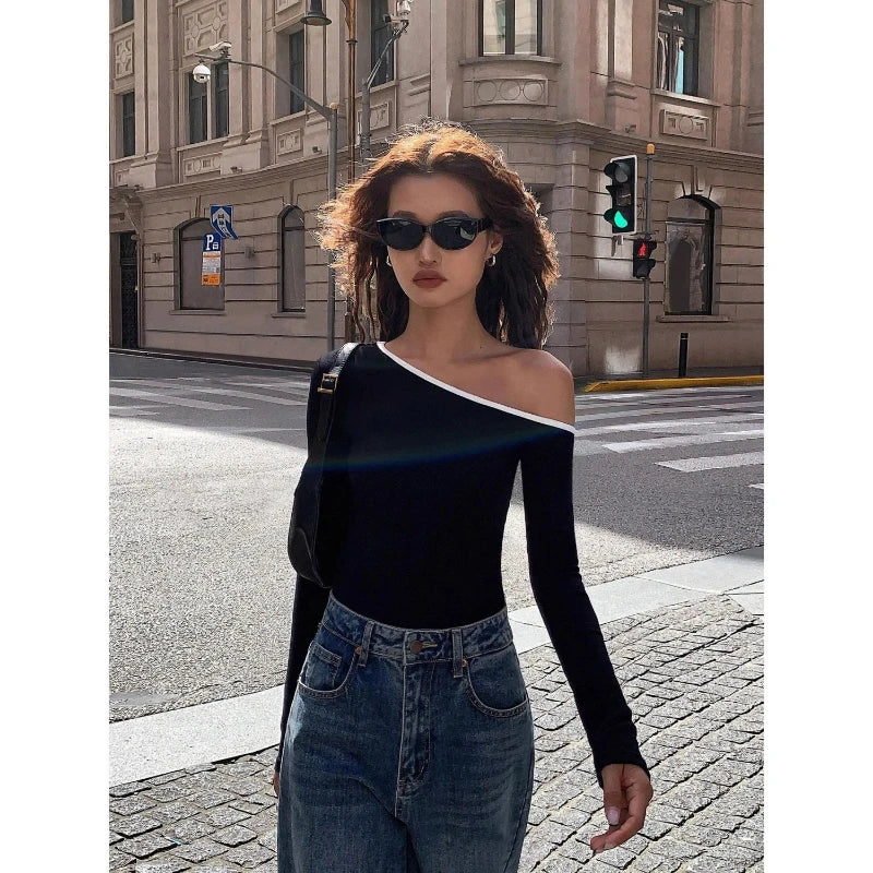 Contrast Long Sleeve Sexy Off-Shoulder Top