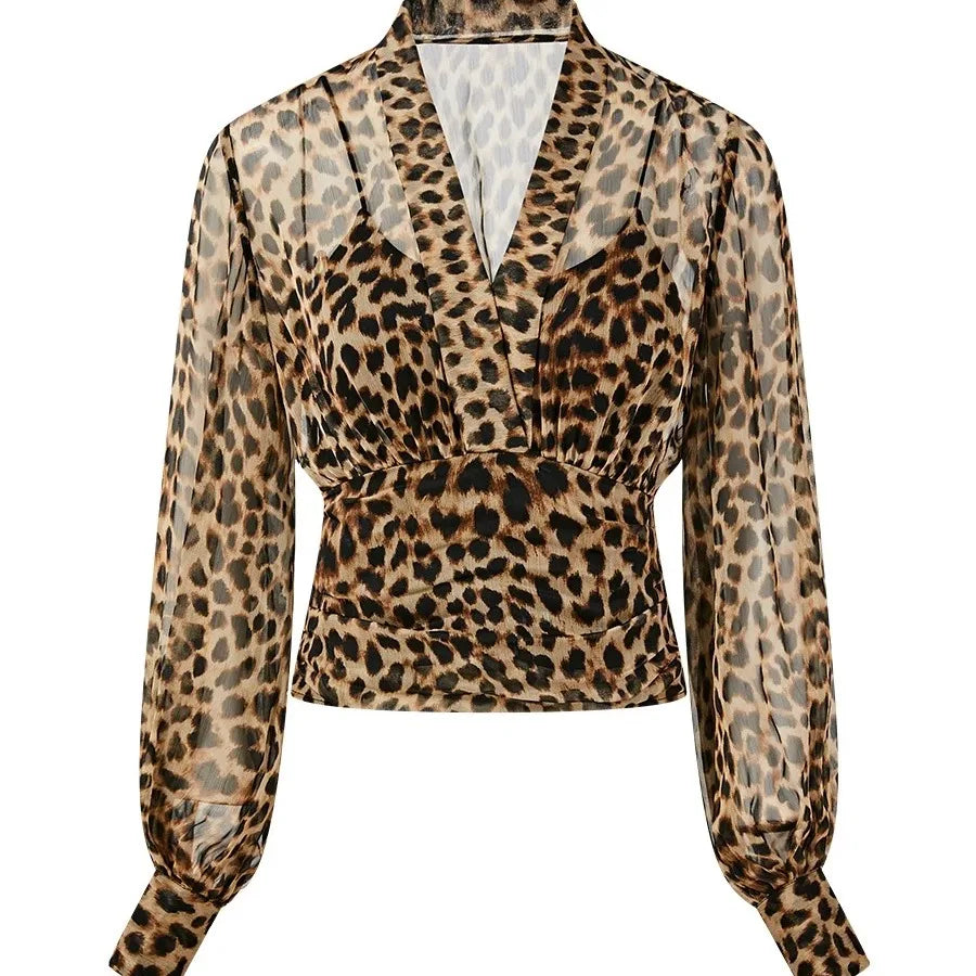 CHUJIE Leopard Print Sheer V-Neck Blouse – Wild Elegance