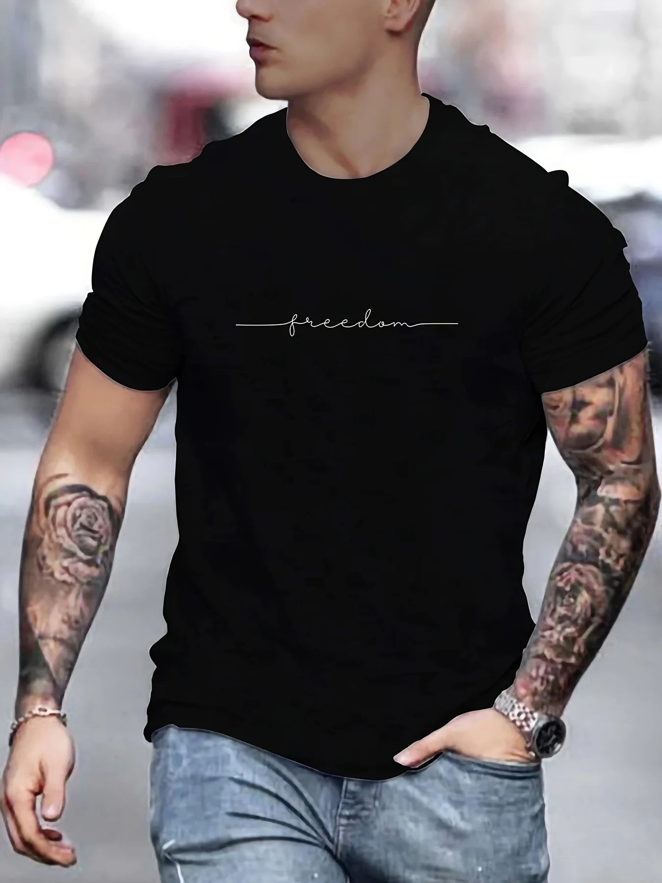Men’s Summer Cotton T-Shirt – Freedom Graphic Print, Casual Round Neck