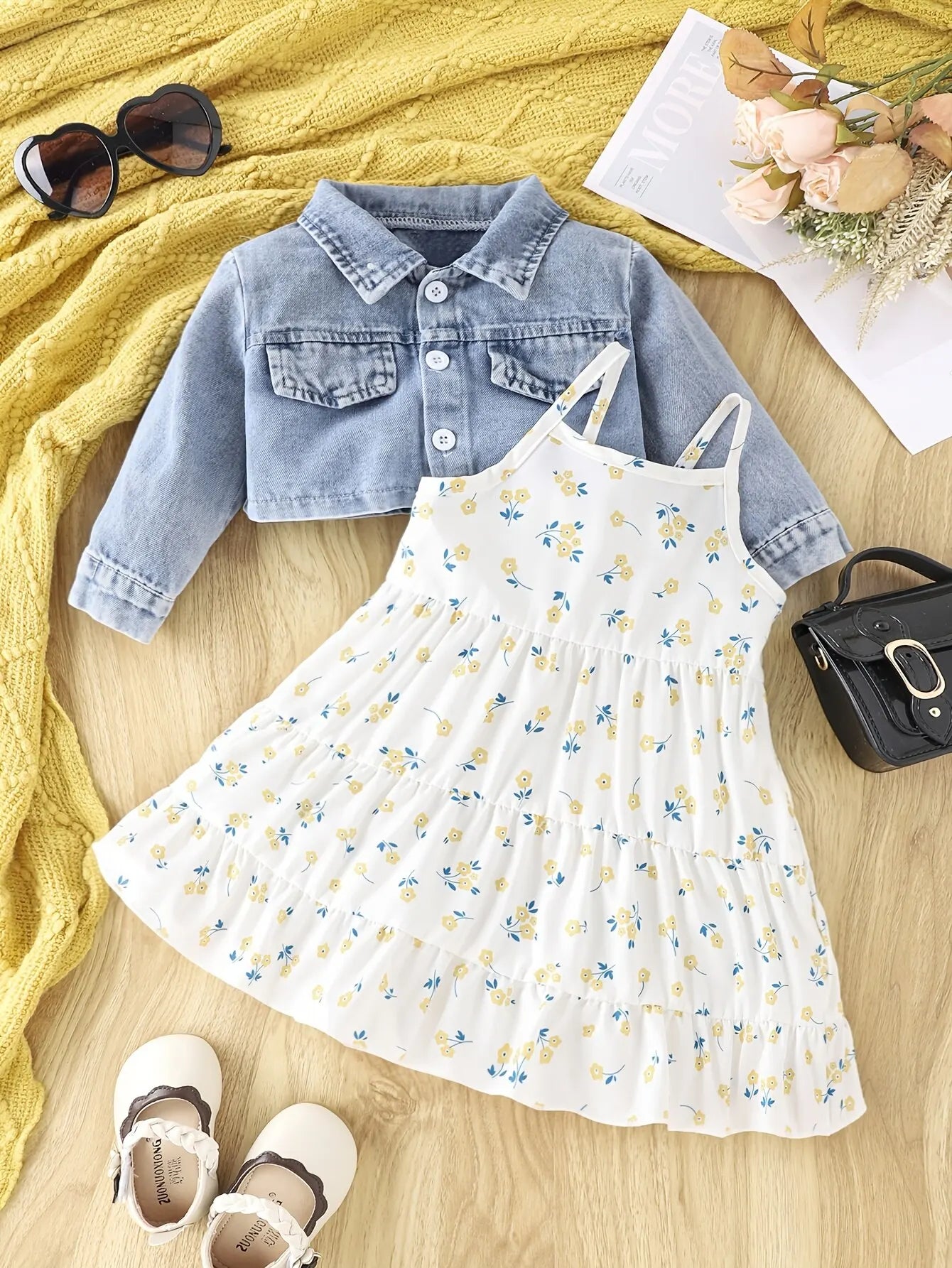 Baby Girls 2-Piece Denim Coat & Floral Slip Dress – Spring & Autumn Casual Outfit