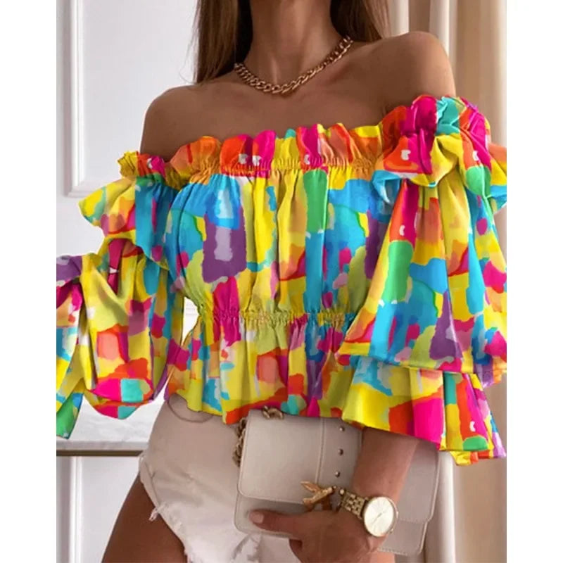 Spring Summer Women's Fashion Leisure Shirt Print Stacked Sleeve Middle Sleeve Shirt One Line Neck Off Shoulder Pleated Shirt