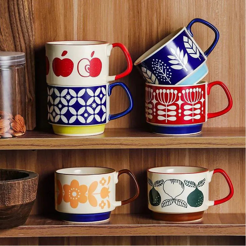 Japanese Flower Ceramic Mug Set – Retro Coffee & Milk Cups