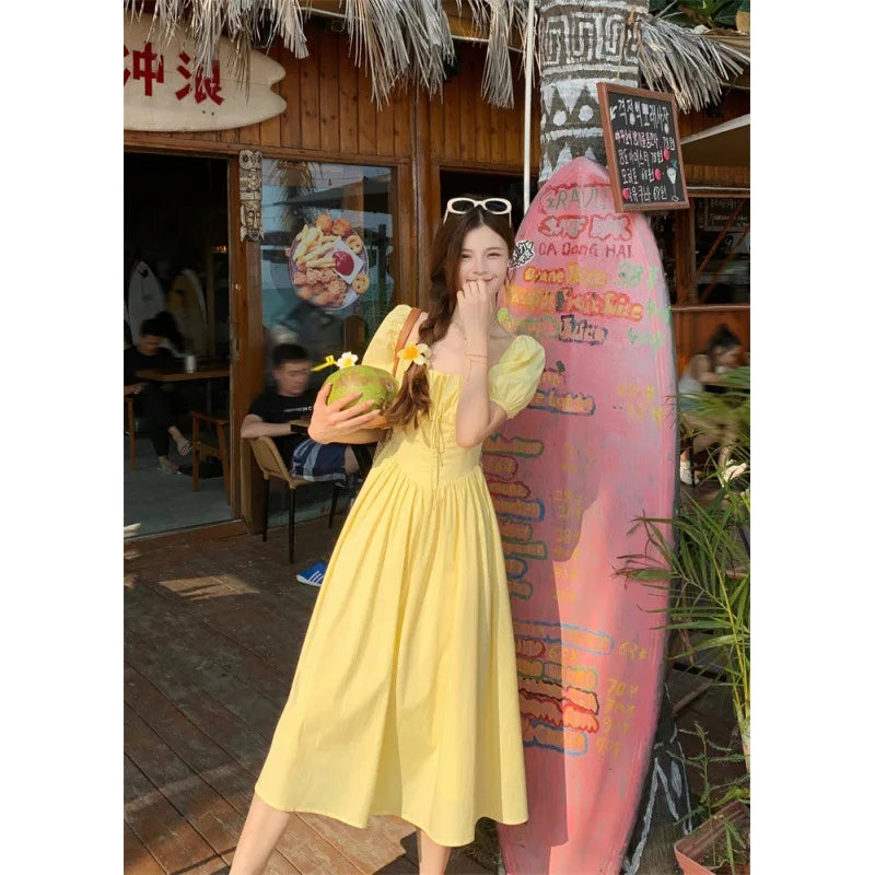 Y2K Summer Fold Yellow Dress