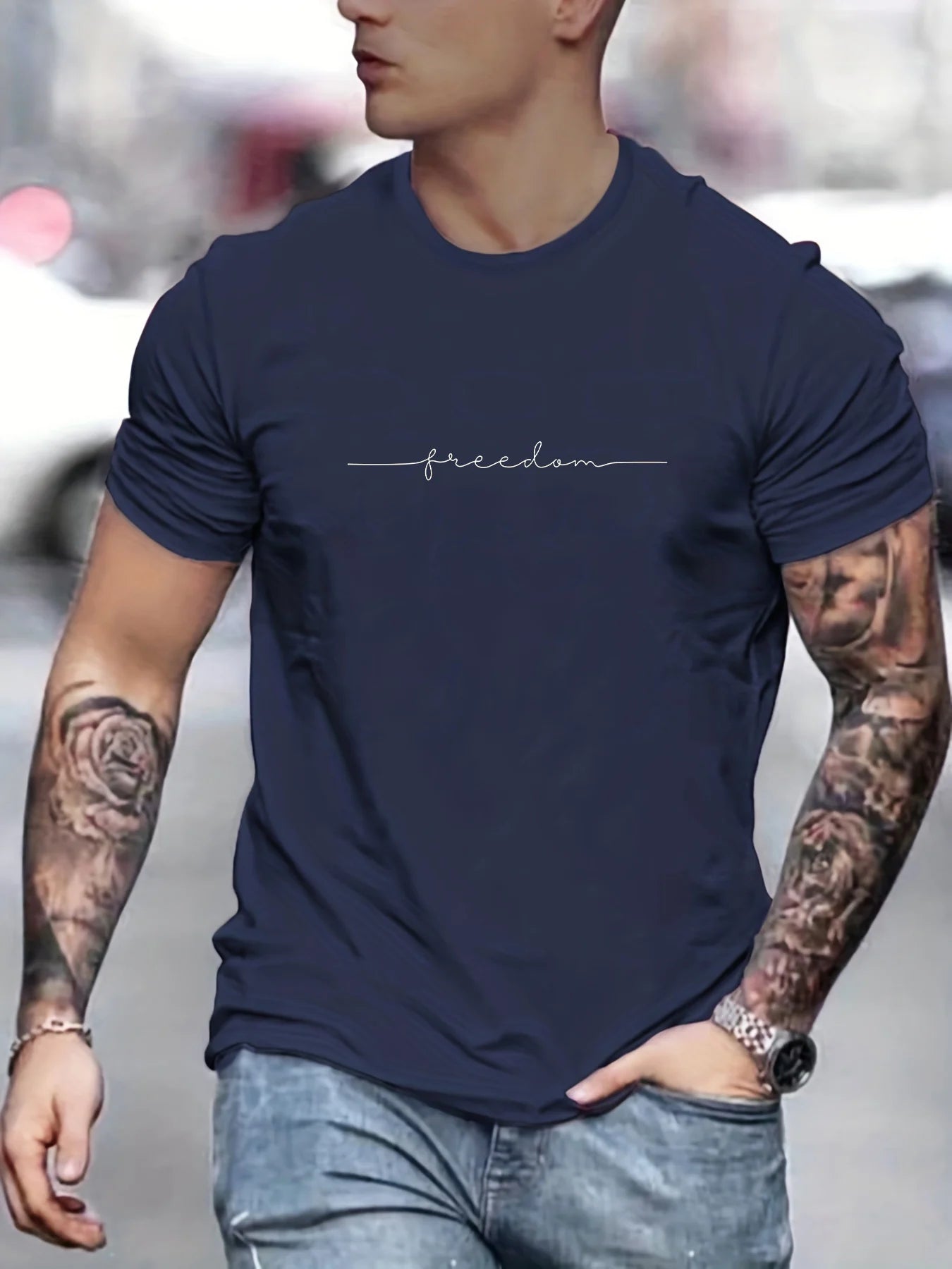 Men’s Summer Cotton T-Shirt – Freedom Graphic Print, Casual Round Neck