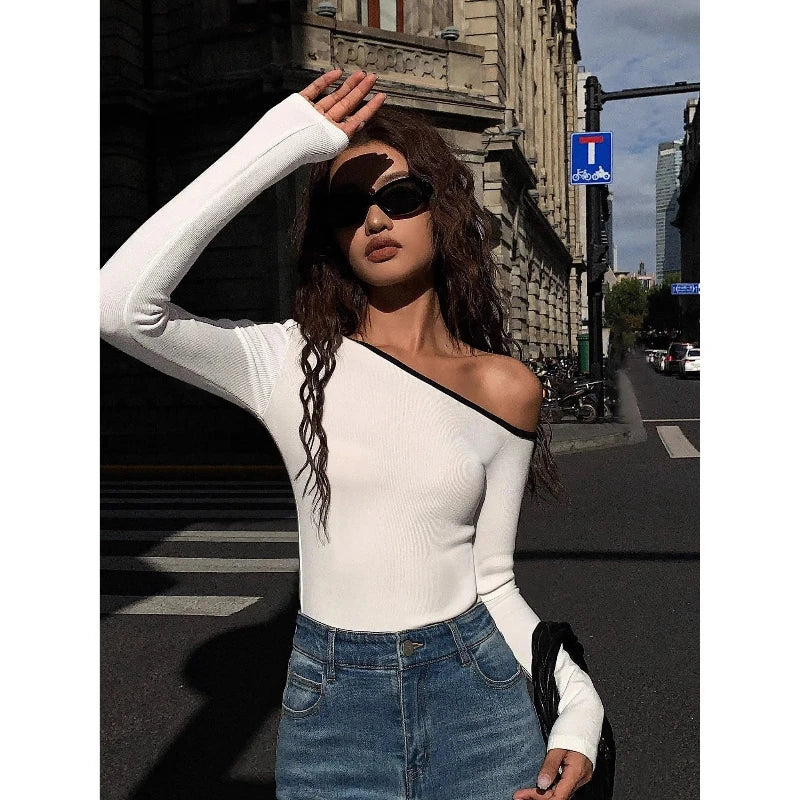 Contrast Long Sleeve Sexy Off-Shoulder Top