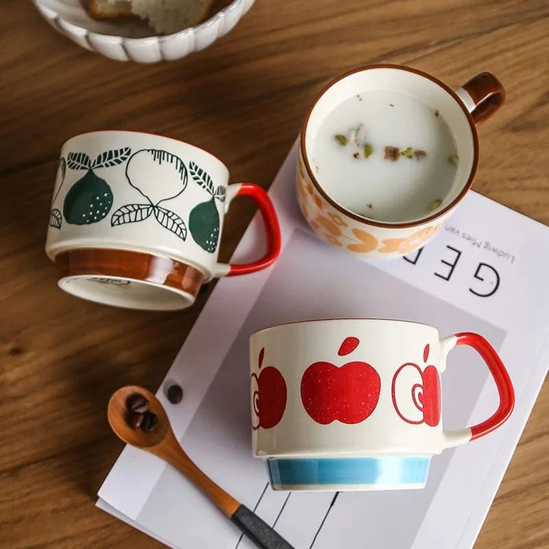 Japanese Flower Ceramic Mug Set – Retro Coffee & Milk Cups