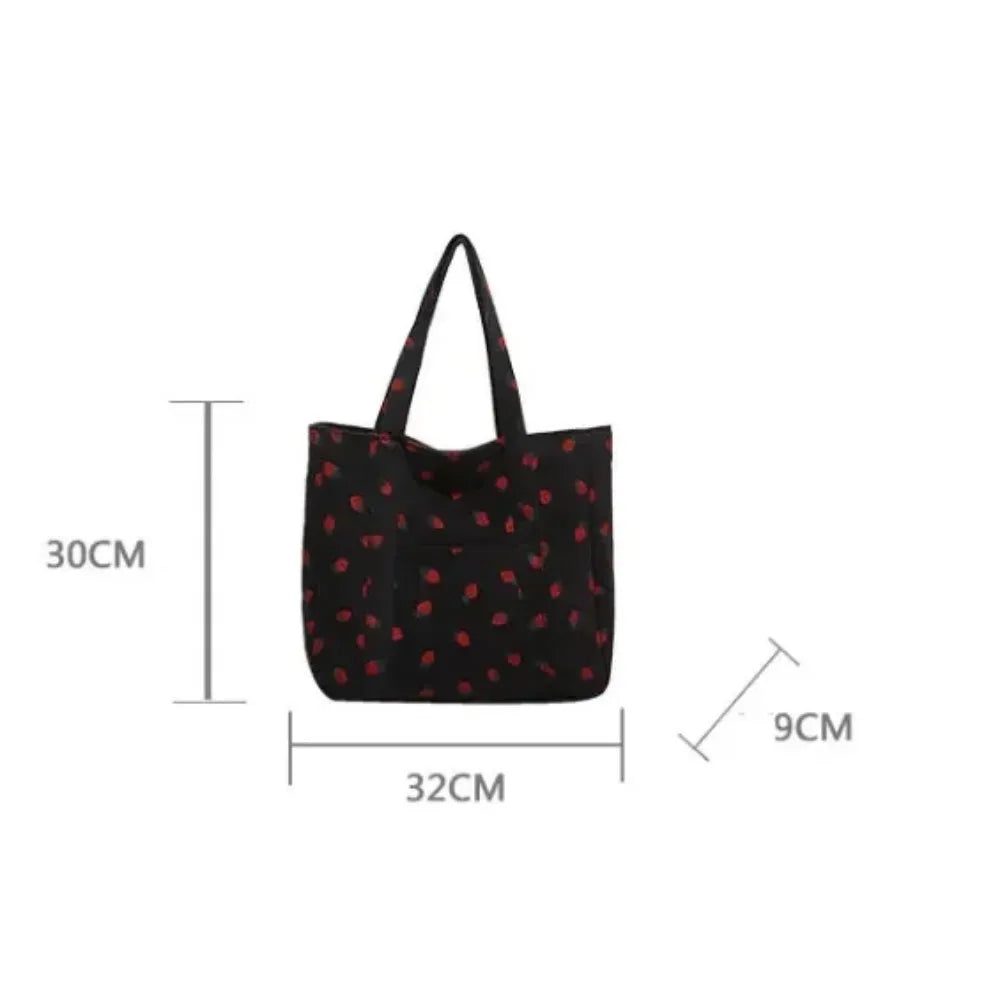 Corduroy Strawberries Beach Tote – Large Capacity Women’s Shoulder Bag