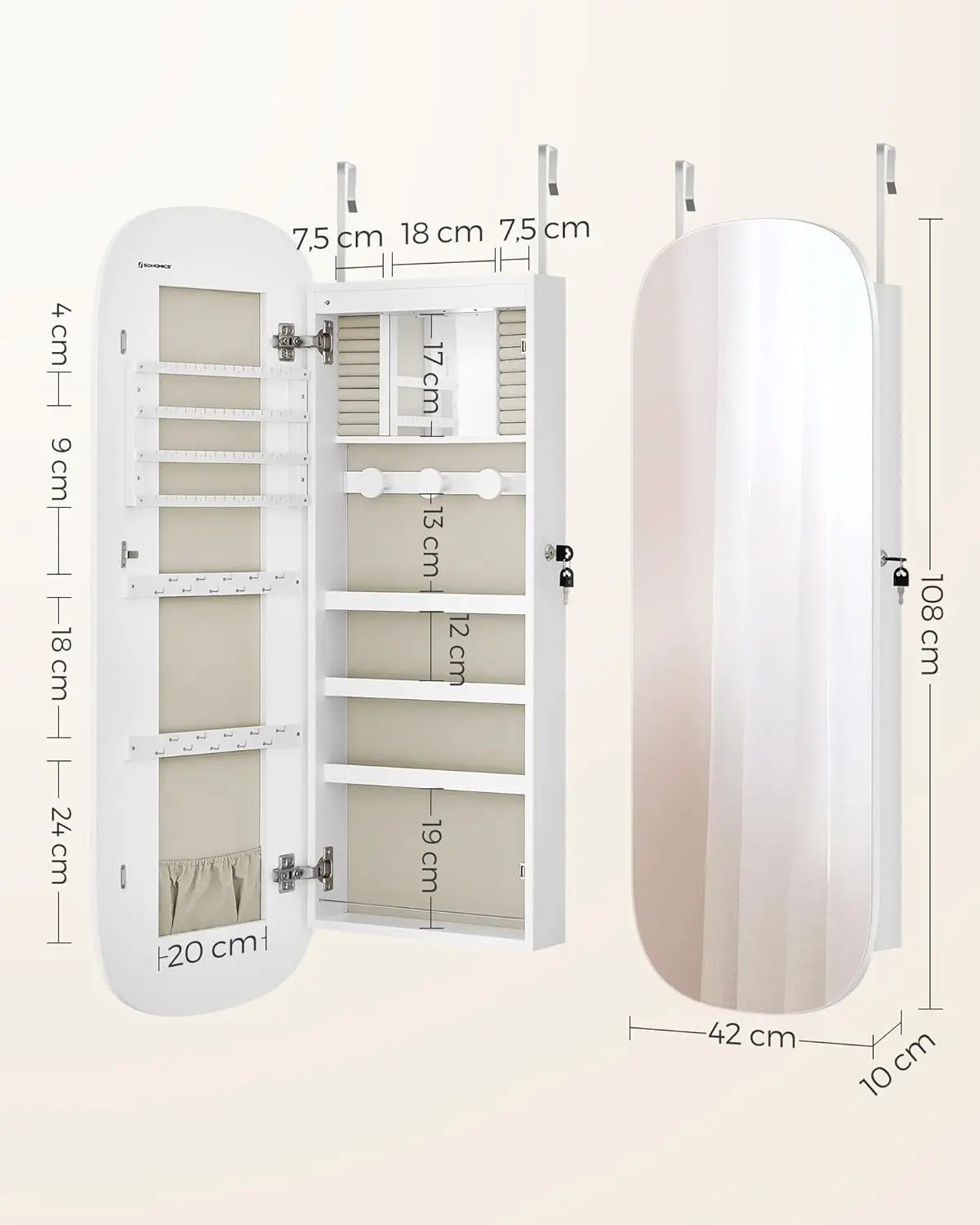 LED Jewelry Cabinet with Wall Mirror and Lock