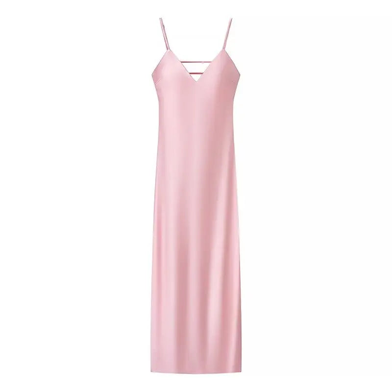 TRAFZA Summer Satin V-Neck Maxi Dress – Elegant Holiday Style