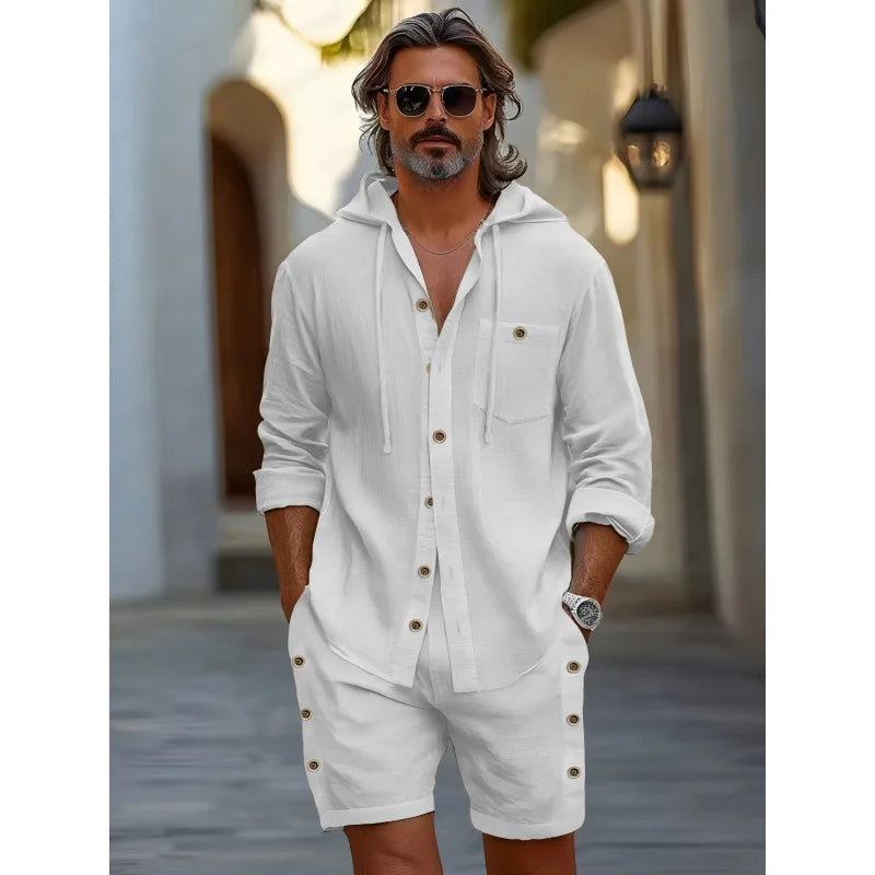Men’s Summer Linen Hooded Shirt & Shorts Set