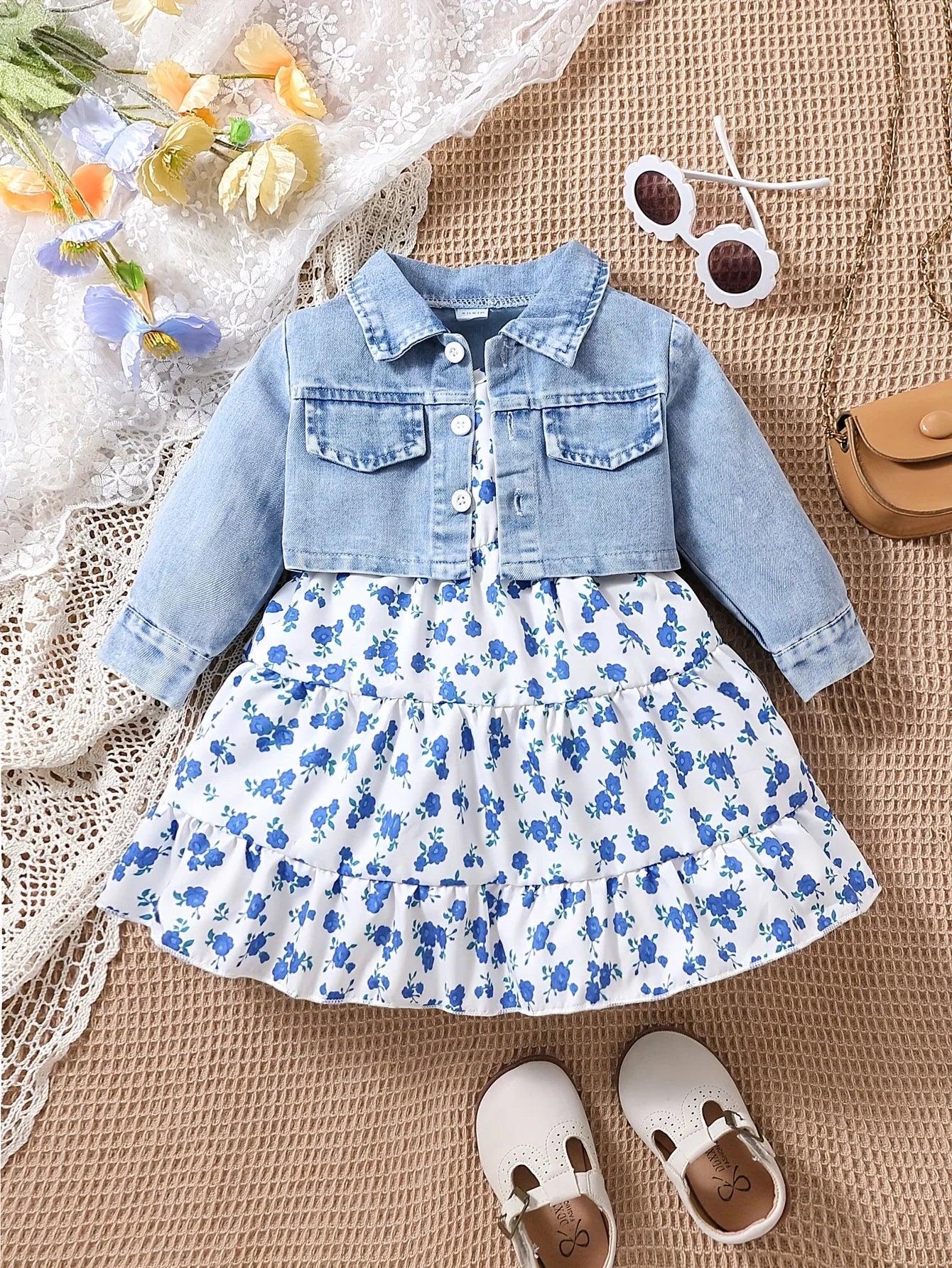Baby Girls 2-Piece Denim Coat & Floral Slip Dress – Spring & Autumn Casual Outfit