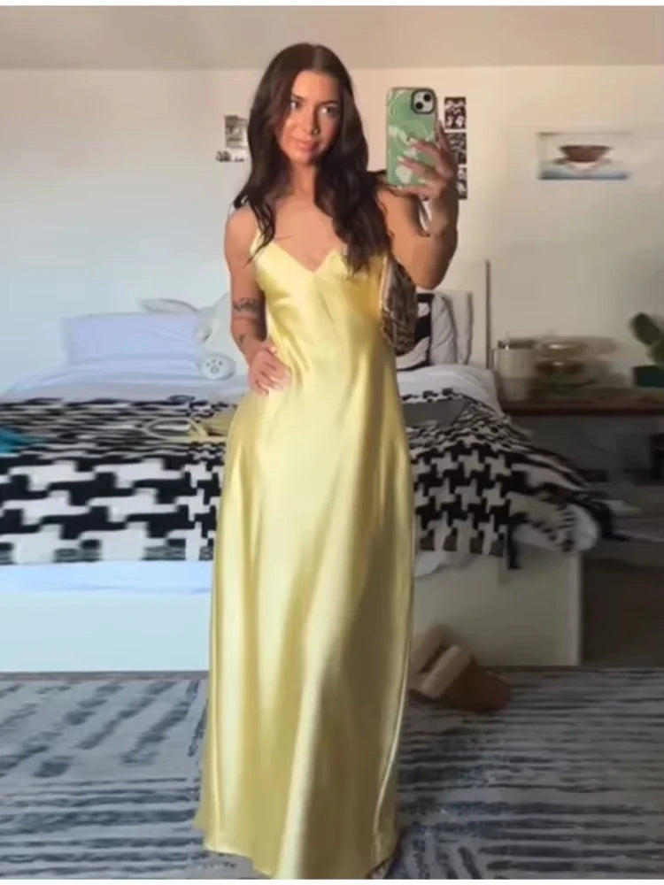 TRAFZA Summer Satin V-Neck Maxi Dress – Elegant Holiday Style
