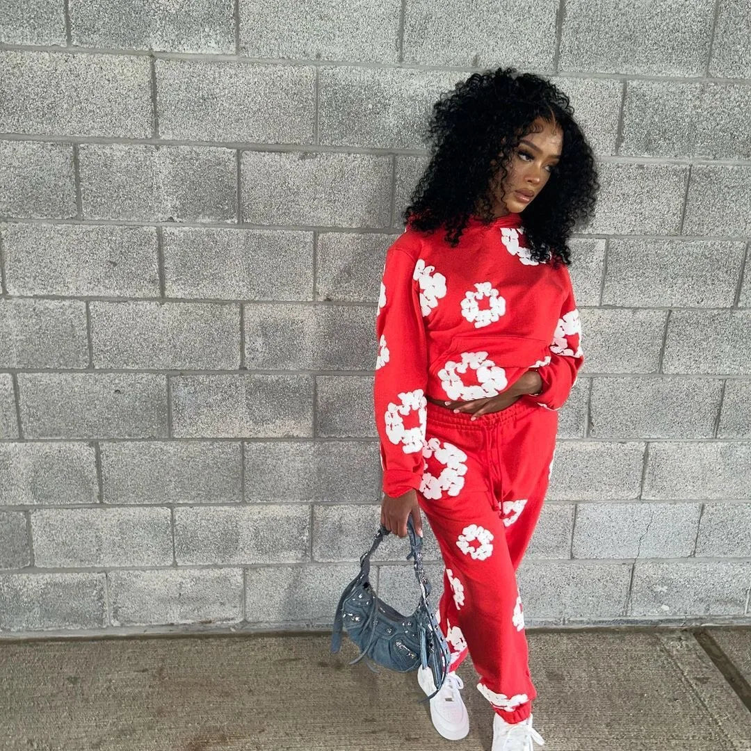 DENIM TEARS Cotton Hooded Sweatshirt & Pants Set – Women’s Hip Hop Streetwear Outfit