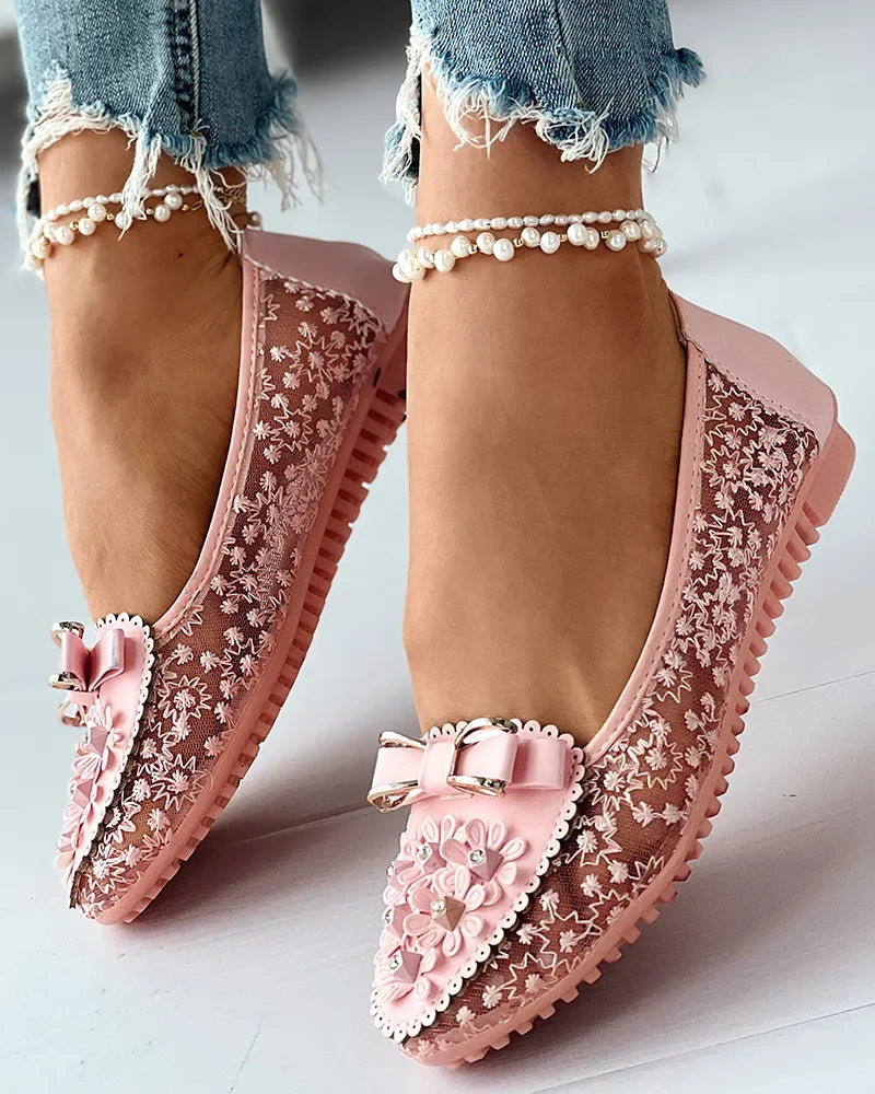 Summer Floral Embroidered Bow Loafers for Women